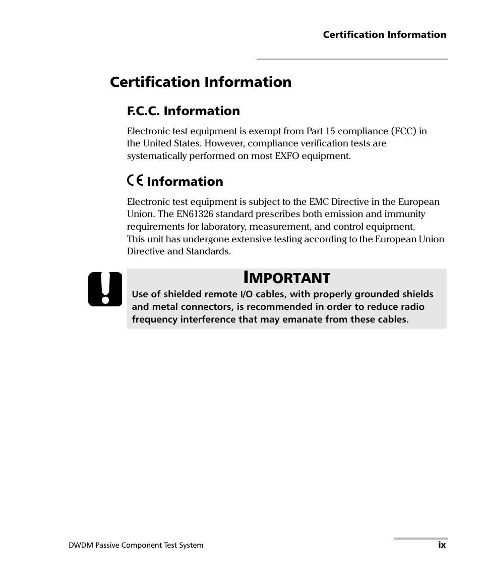 Certification information, Mportant | EXFO IQS-12004B DWDM Passive Component Test System for IQS-500 User Manual | Page 9 / 437