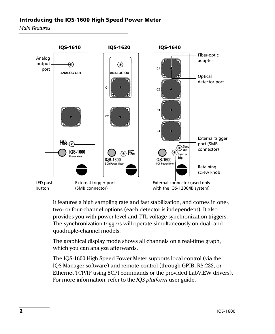 Introducing the iqs-1600 high speed power meter, Main features, Iqs-1600 | EXFO IQS-1600 High-Speed Power Meter for IQS-500/600 User Manual | Page 10 / 238