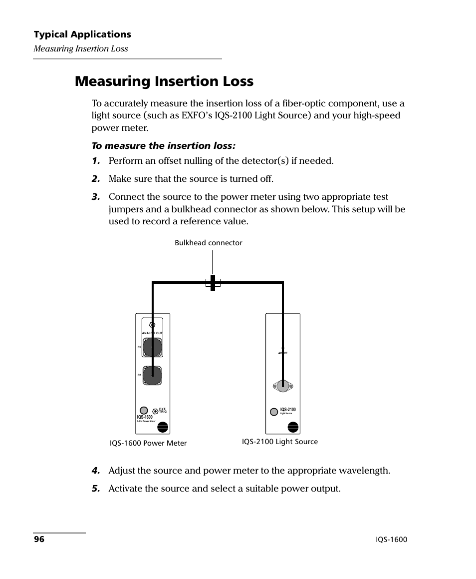 Measuring insertion loss, Typical applications | EXFO IQS-1600 High-Speed Power Meter for IQS-500/600 User Manual | Page 104 / 238