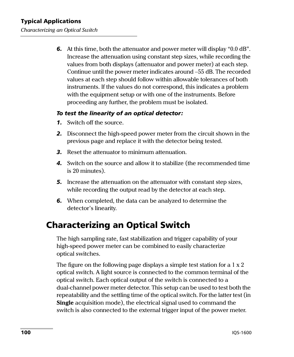 Characterizing an optical switch | EXFO IQS-1600 High-Speed Power Meter for IQS-500/600 User Manual | Page 108 / 238