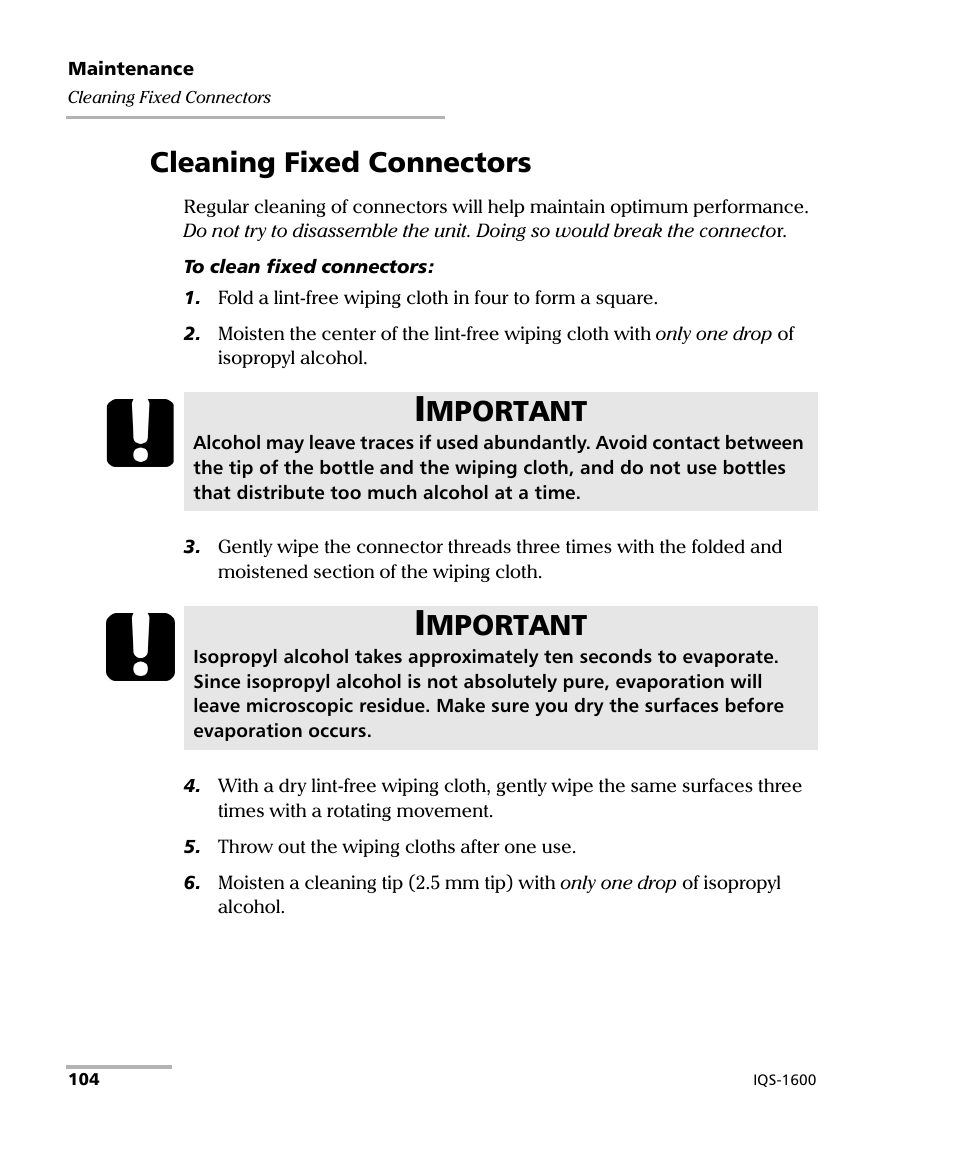 Cleaning fixed connectors, Mportant | EXFO IQS-1600 High-Speed Power Meter for IQS-500/600 User Manual | Page 112 / 238