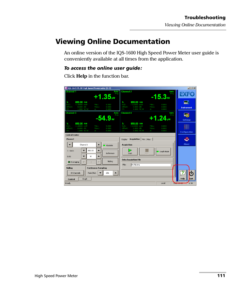 Viewing online documentation | EXFO IQS-1600 High-Speed Power Meter for IQS-500/600 User Manual | Page 119 / 238