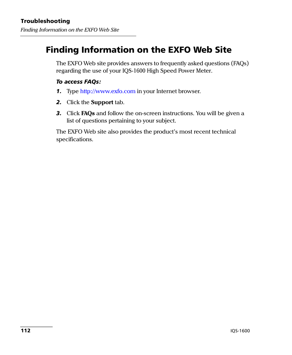 Finding information on the exfo web site | EXFO IQS-1600 High-Speed Power Meter for IQS-500/600 User Manual | Page 120 / 238