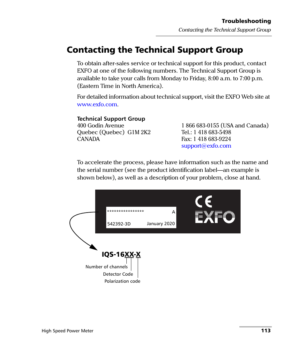 Contacting the technical support group, Iqs-16xx-x | EXFO IQS-1600 High-Speed Power Meter for IQS-500/600 User Manual | Page 121 / 238
