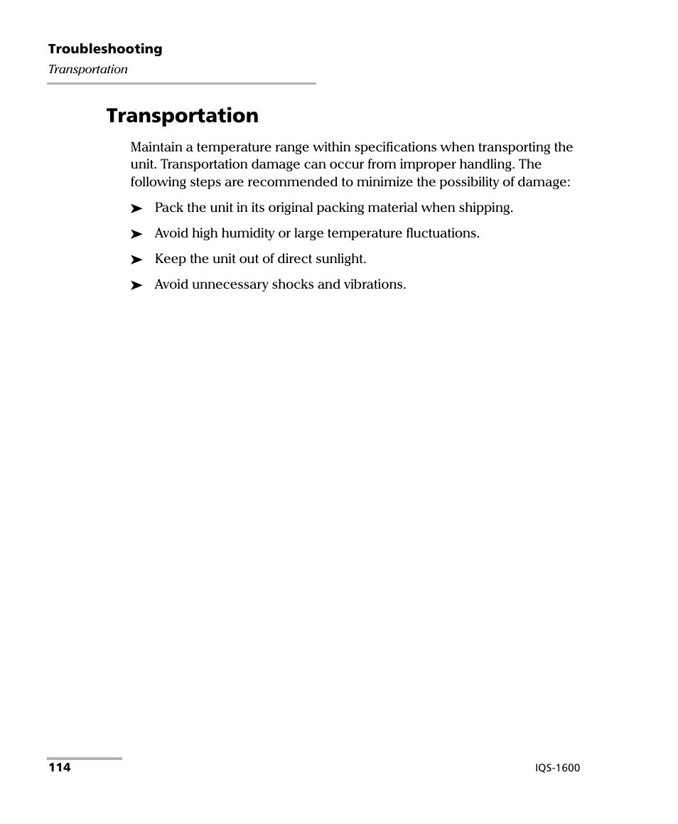 Transportation | EXFO IQS-1600 High-Speed Power Meter for IQS-500/600 User Manual | Page 122 / 238