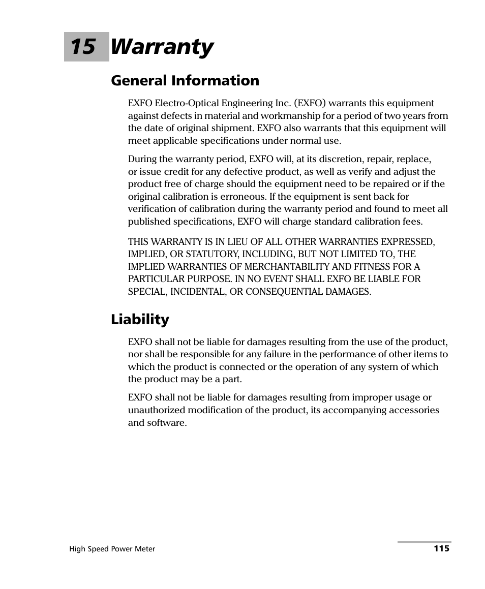 15 warranty, General information, Liability | General information liability | EXFO IQS-1600 High-Speed Power Meter for IQS-500/600 User Manual | Page 123 / 238