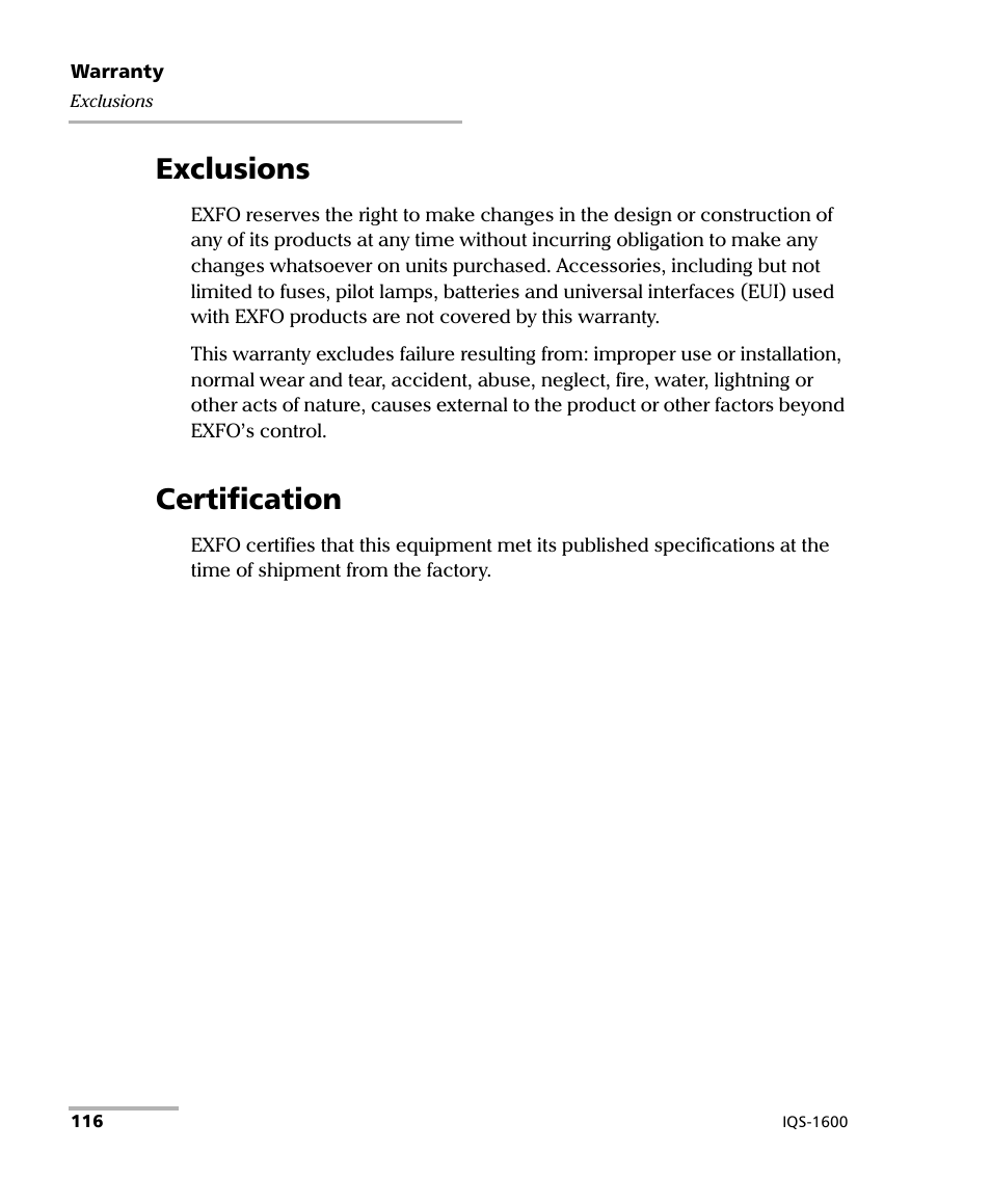 Exclusions, Certification, Exclusions certification | EXFO IQS-1600 High-Speed Power Meter for IQS-500/600 User Manual | Page 124 / 238