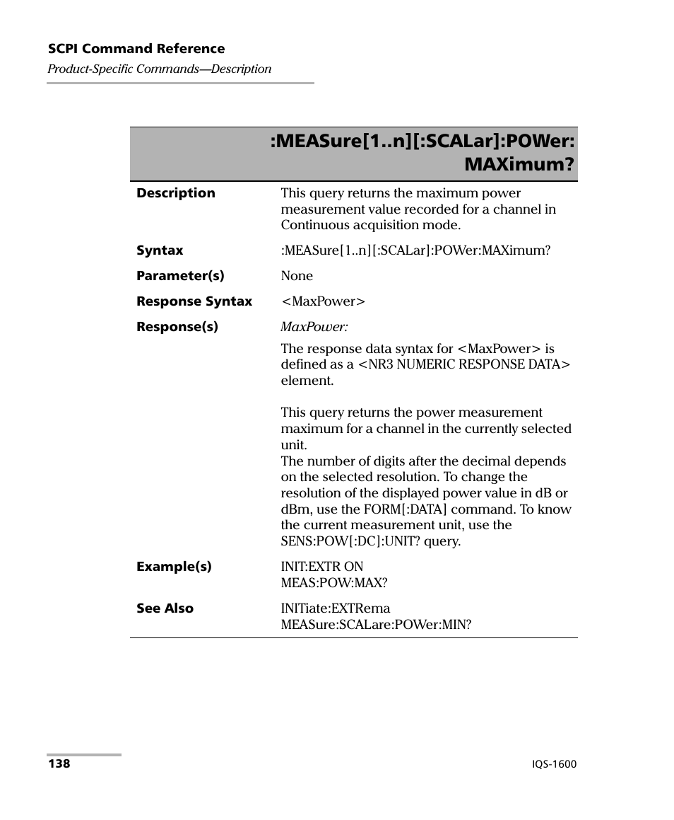 Measure[1..n][:scalar]:power: maximum | EXFO IQS-1600 High-Speed Power Meter for IQS-500/600 User Manual | Page 146 / 238