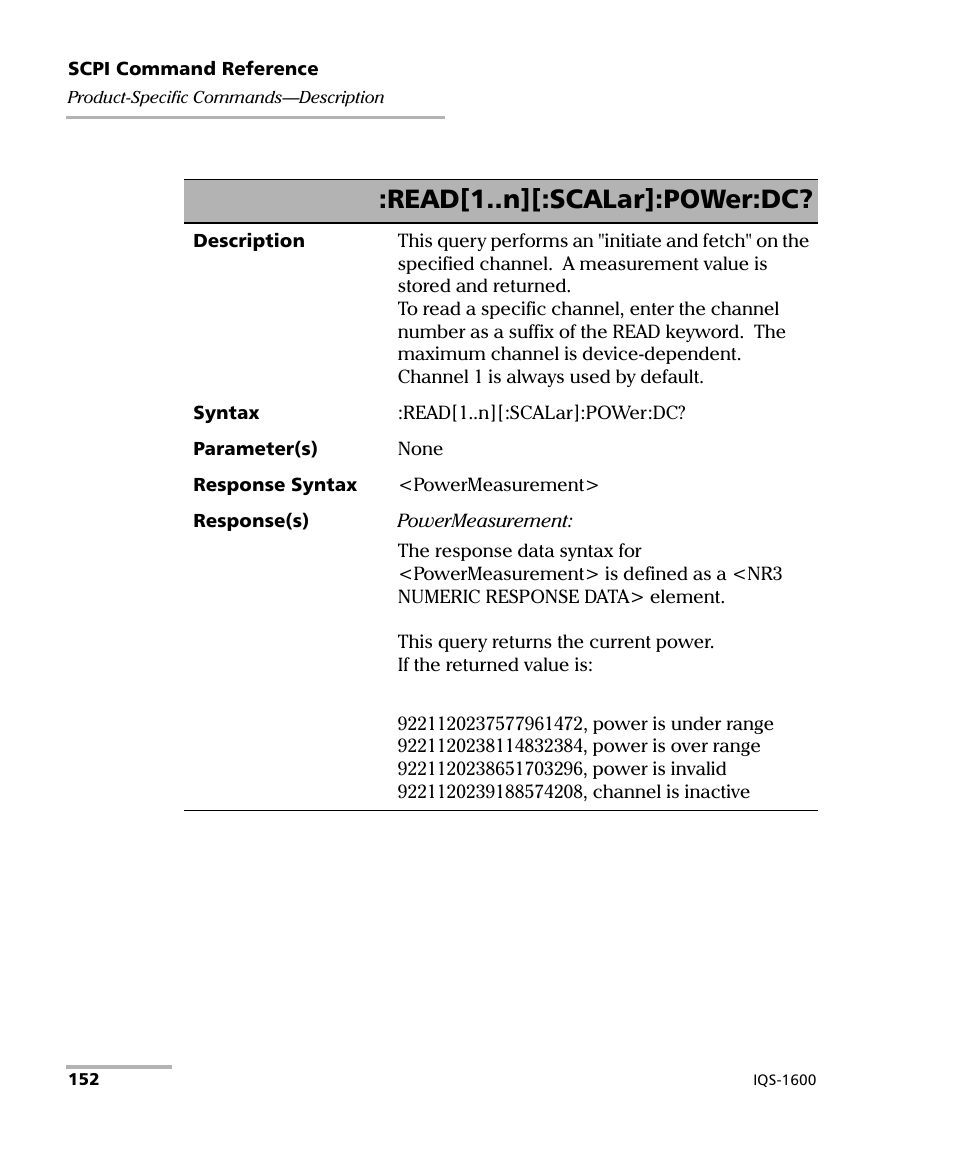 Read[1..n][:scalar]:power:dc | EXFO IQS-1600 High-Speed Power Meter for IQS-500/600 User Manual | Page 160 / 238