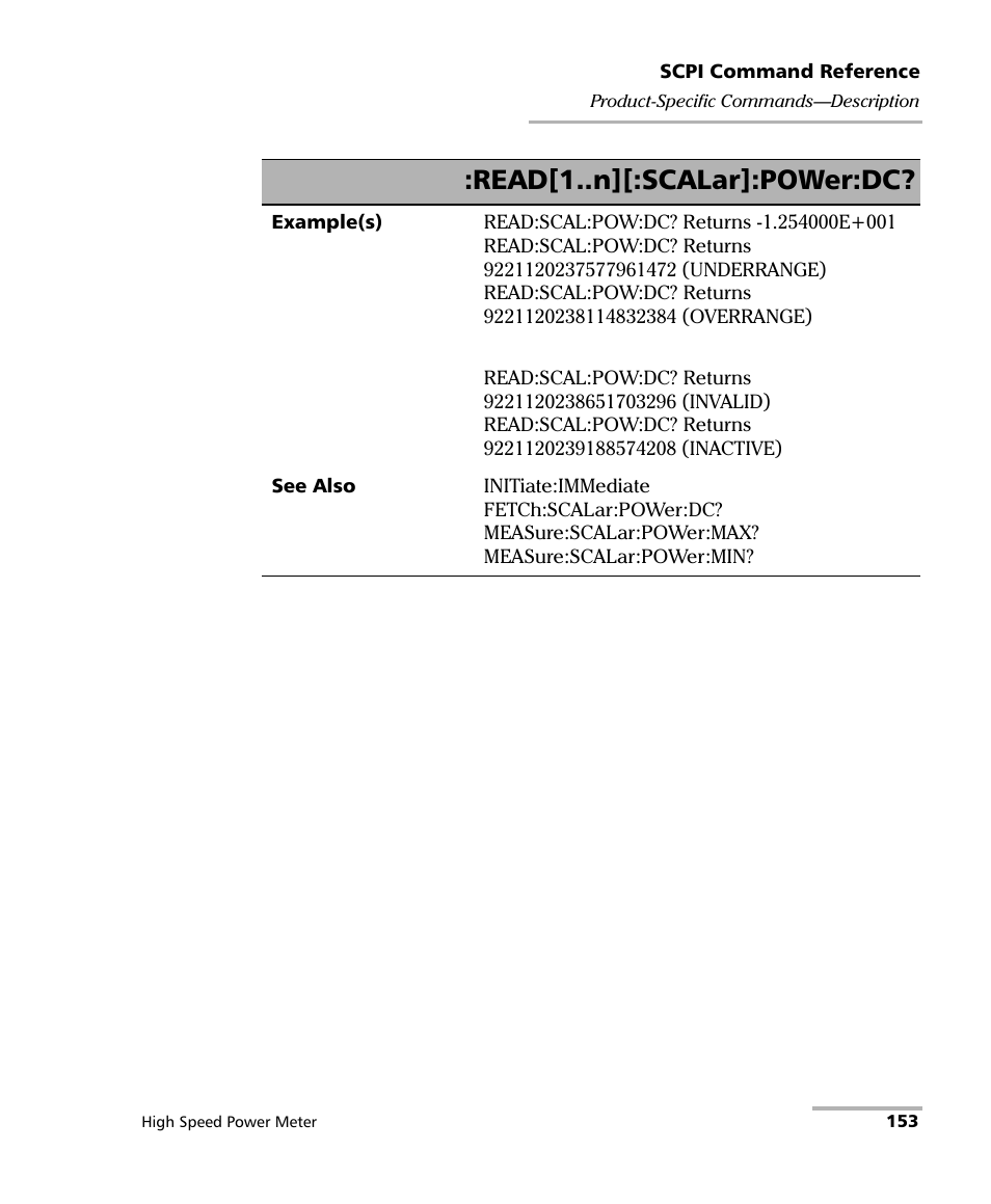 Read[1..n][:scalar]:power:dc | EXFO IQS-1600 High-Speed Power Meter for IQS-500/600 User Manual | Page 161 / 238