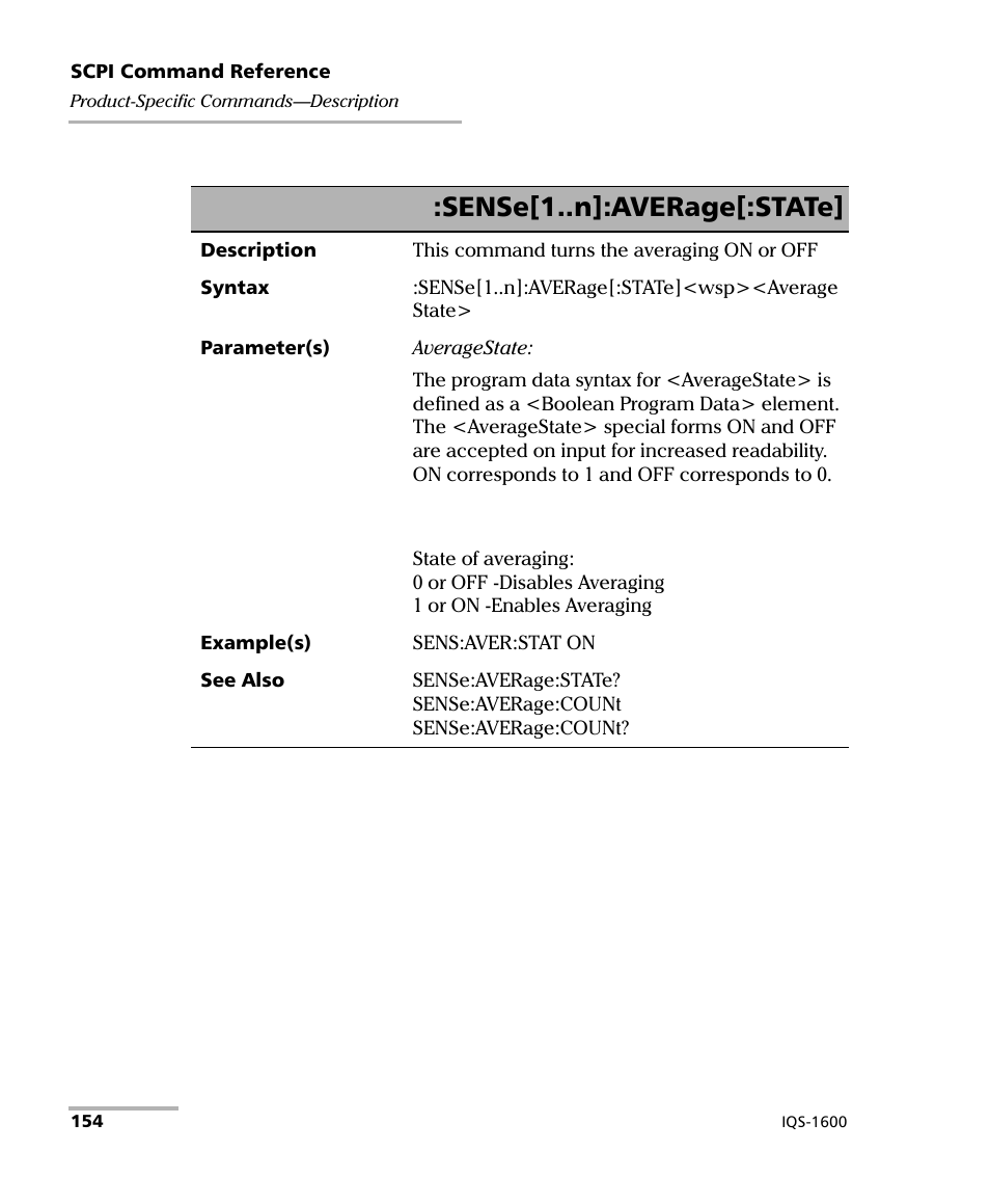 Sense[1..n]:average[:state | EXFO IQS-1600 High-Speed Power Meter for IQS-500/600 User Manual | Page 162 / 238