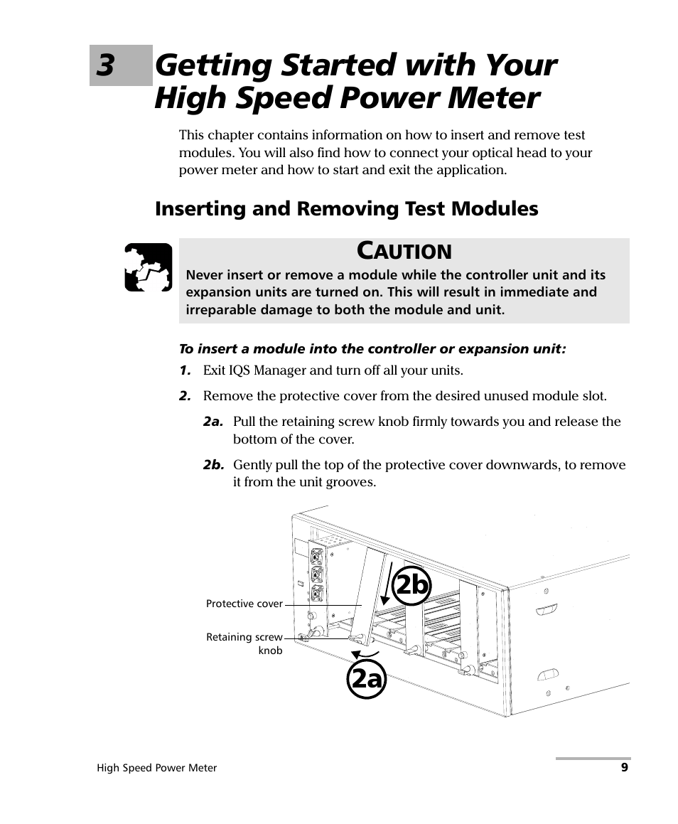 3 getting started with your high speed power meter, Inserting and removing test modules, 3getting started with your high speed power meter | 2b 2a, Aution | EXFO IQS-1600 High-Speed Power Meter for IQS-500/600 User Manual | Page 17 / 238