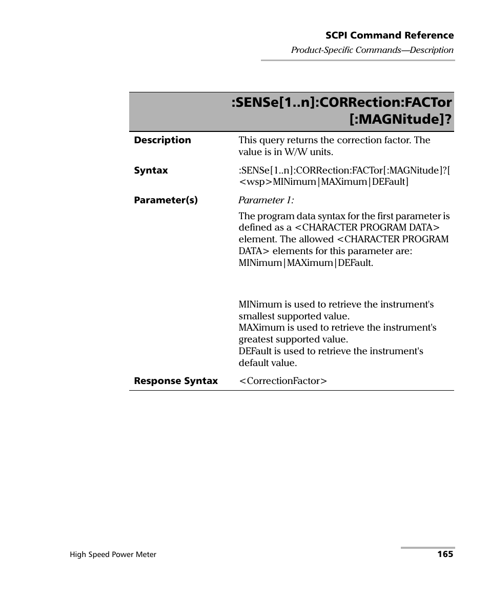 Sense[1..n]:correction:factor [:magnitude | EXFO IQS-1600 High-Speed Power Meter for IQS-500/600 User Manual | Page 173 / 238