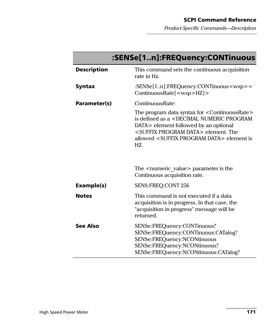 Sense[1..n]:frequency:continuous | EXFO IQS-1600 High-Speed Power Meter for IQS-500/600 User Manual | Page 179 / 238