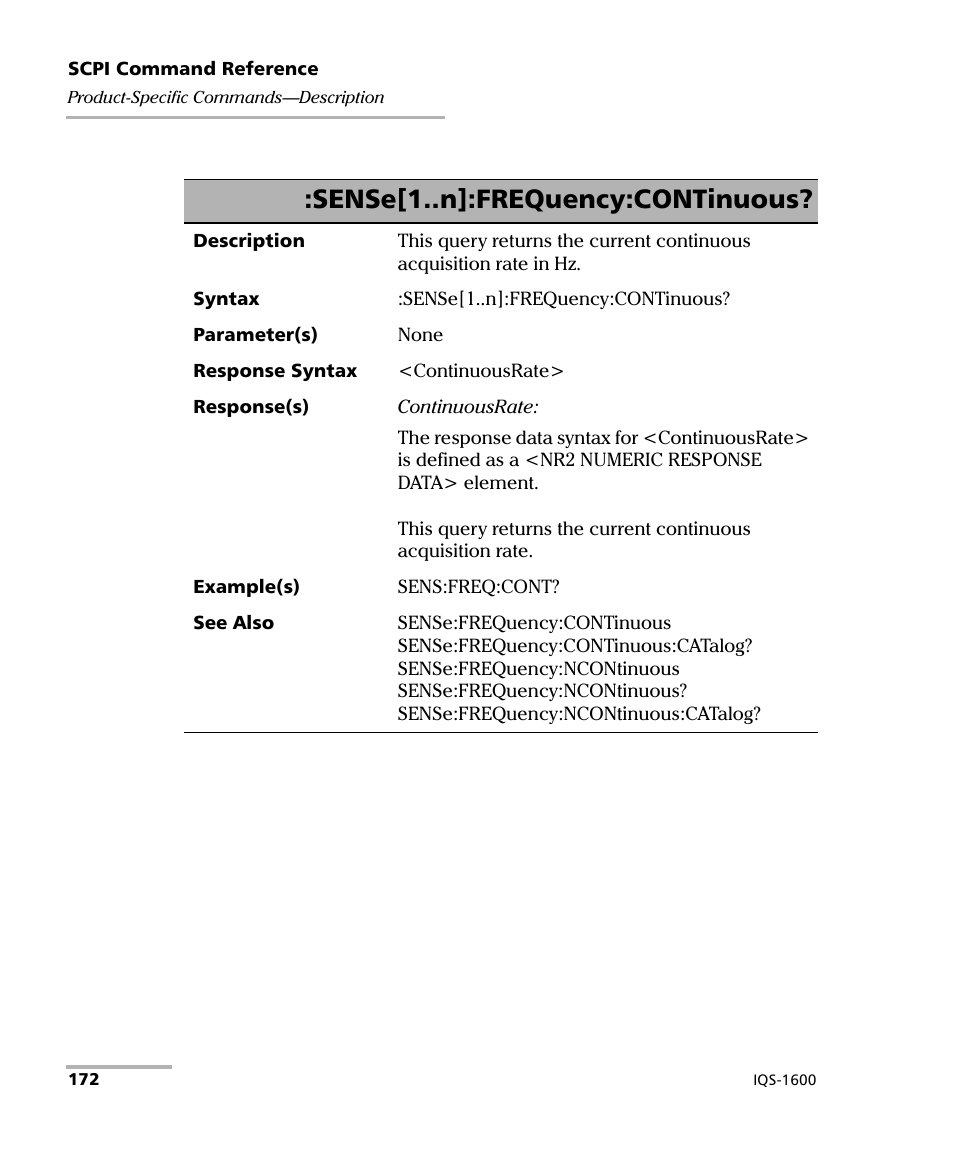 Sense[1..n]:frequency:continuous | EXFO IQS-1600 High-Speed Power Meter for IQS-500/600 User Manual | Page 180 / 238