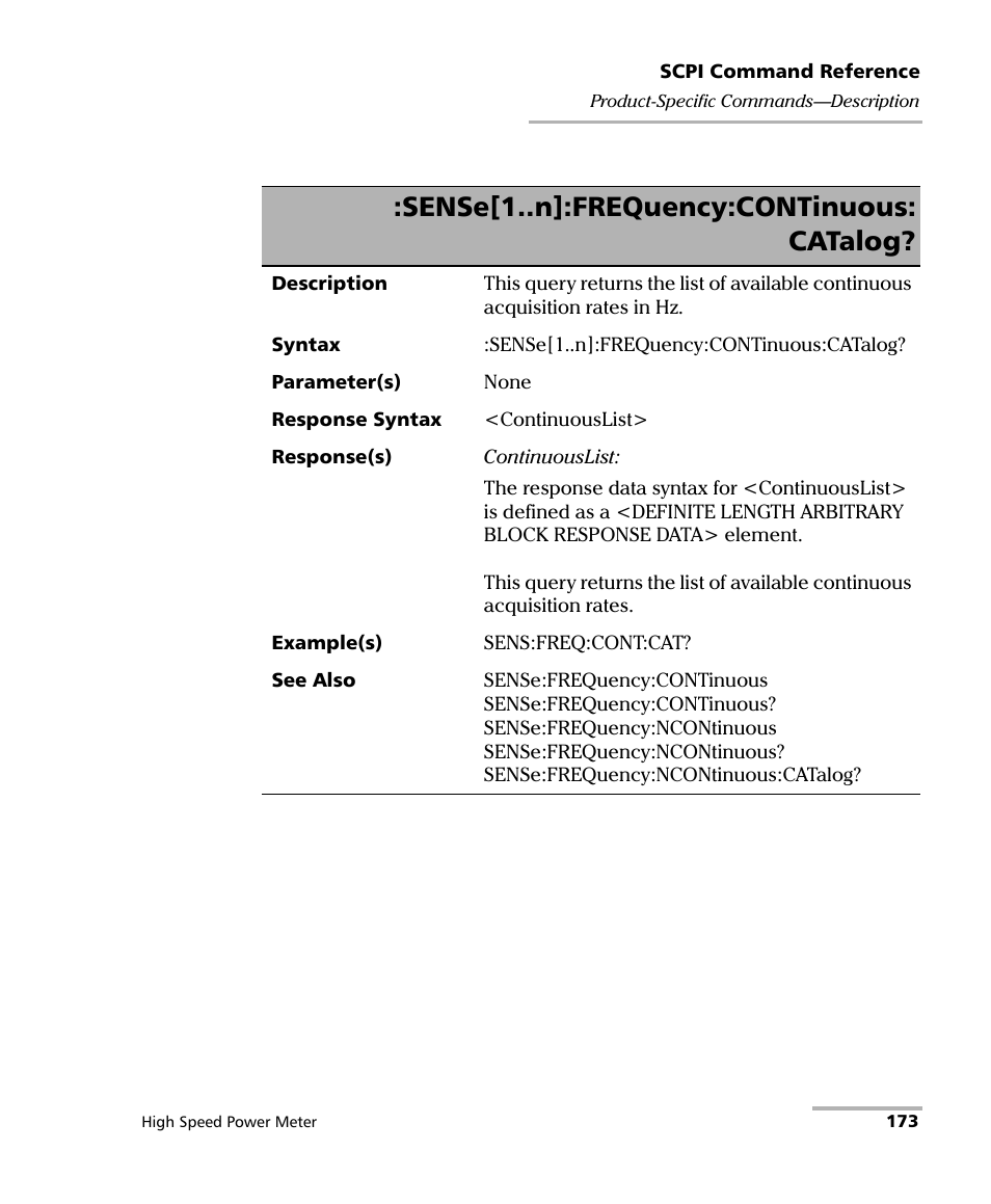 Sense[1..n]:frequency:continuous: catalog | EXFO IQS-1600 High-Speed Power Meter for IQS-500/600 User Manual | Page 181 / 238