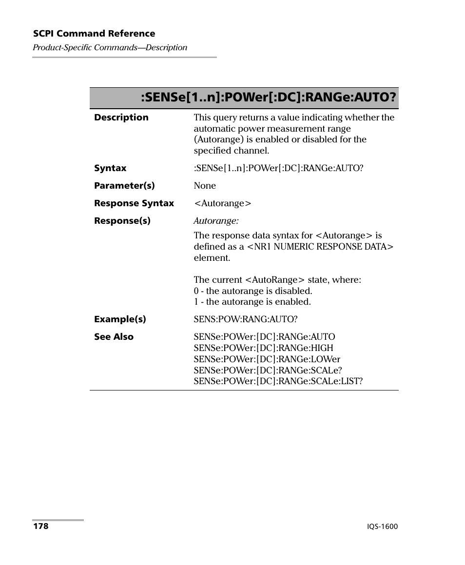 Sense[1..n]:power[:dc]:range:auto | EXFO IQS-1600 High-Speed Power Meter for IQS-500/600 User Manual | Page 186 / 238