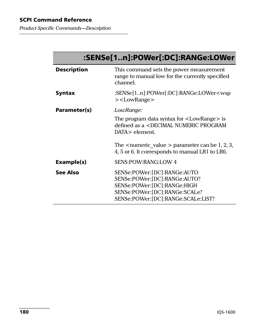 Sense[1..n]:power[:dc]:range:lower | EXFO IQS-1600 High-Speed Power Meter for IQS-500/600 User Manual | Page 188 / 238