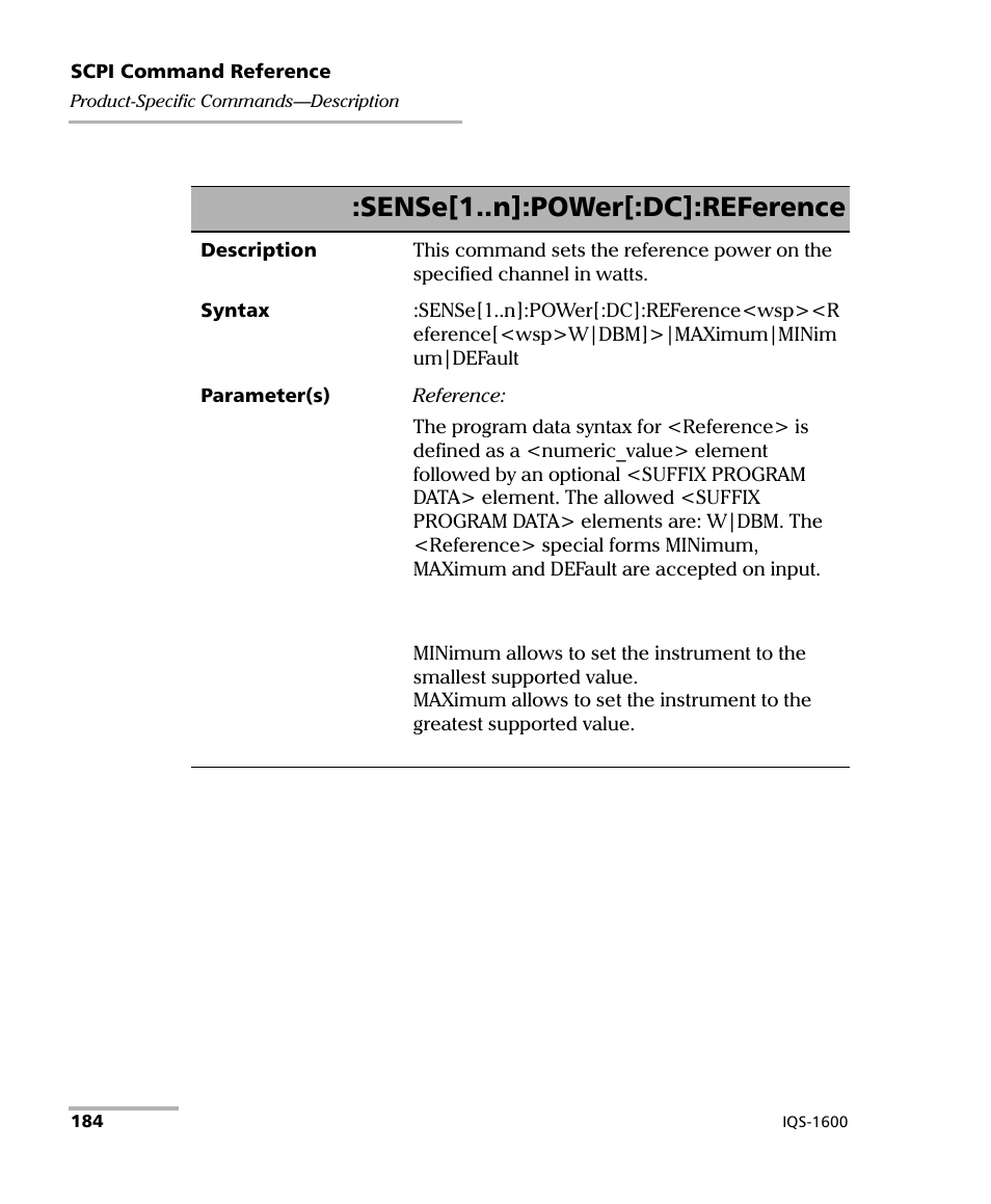 Sense[1..n]:power[:dc]:reference | EXFO IQS-1600 High-Speed Power Meter for IQS-500/600 User Manual | Page 192 / 238