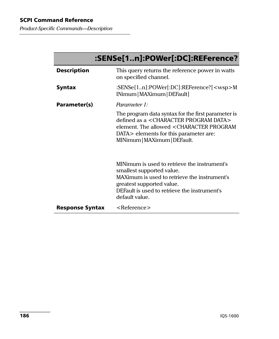 Sense[1..n]:power[:dc]:reference | EXFO IQS-1600 High-Speed Power Meter for IQS-500/600 User Manual | Page 194 / 238