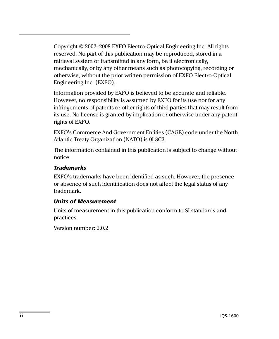 EXFO IQS-1600 High-Speed Power Meter for IQS-500/600 User Manual | Page 2 / 238