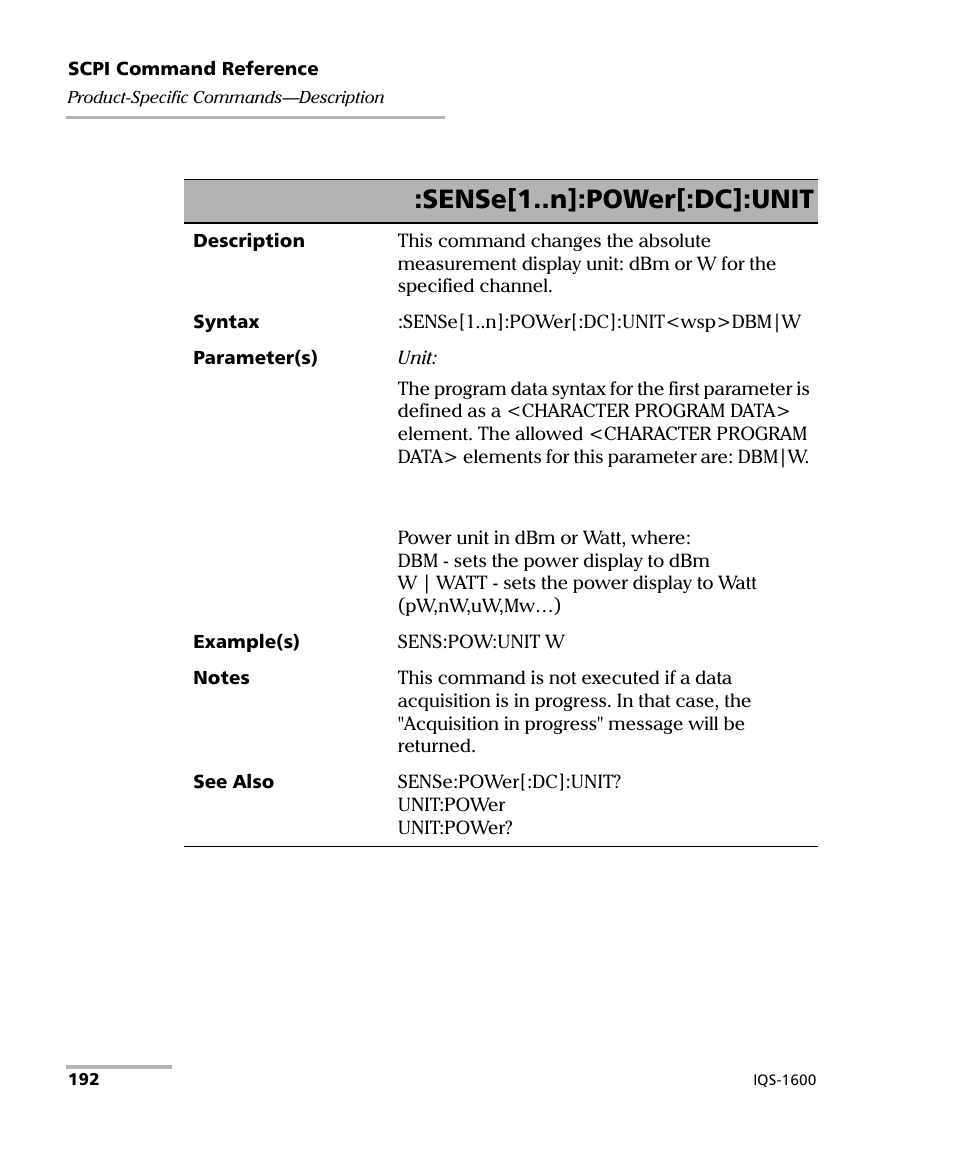 Sense[1..n]:power[:dc]:unit | EXFO IQS-1600 High-Speed Power Meter for IQS-500/600 User Manual | Page 200 / 238