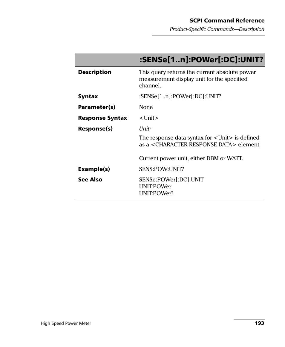 Sense[1..n]:power[:dc]:unit | EXFO IQS-1600 High-Speed Power Meter for IQS-500/600 User Manual | Page 201 / 238