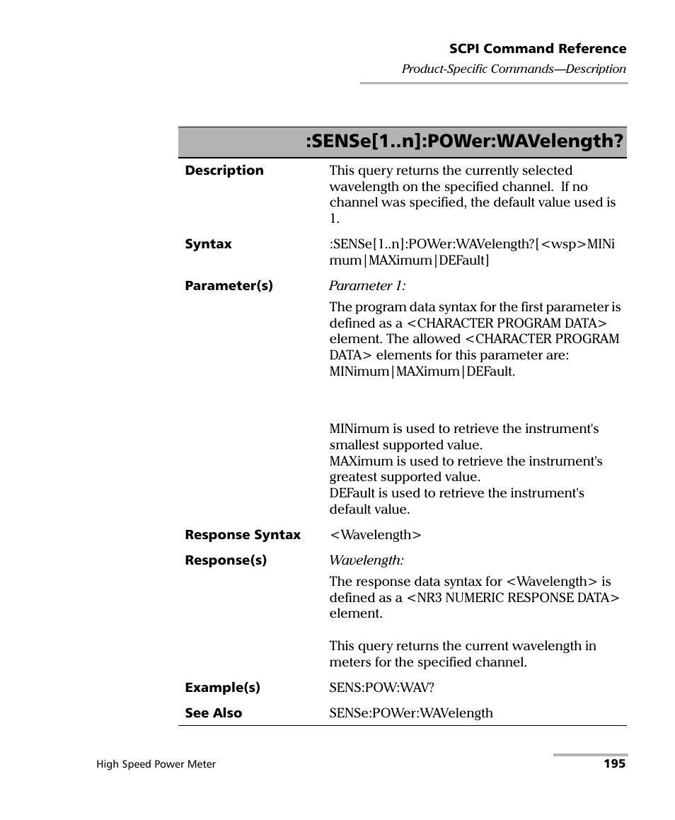 Sense[1..n]:power:wavelength | EXFO IQS-1600 High-Speed Power Meter for IQS-500/600 User Manual | Page 203 / 238