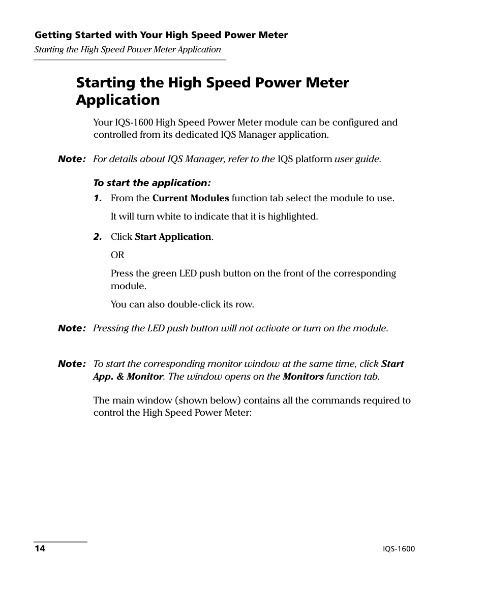 Starting the high speed power meter application | EXFO IQS-1600 High-Speed Power Meter for IQS-500/600 User Manual | Page 22 / 238