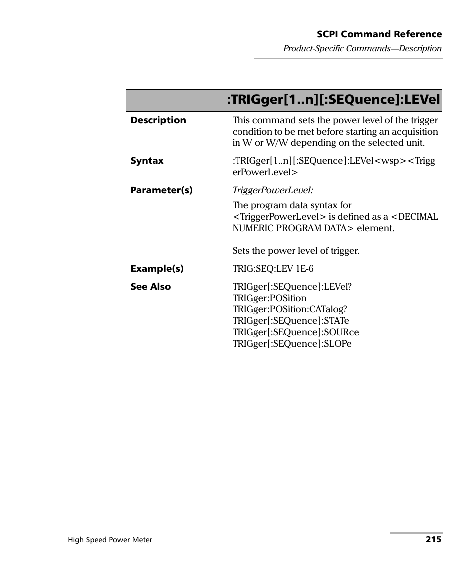 Trigger[1..n][:sequence]:level | EXFO IQS-1600 High-Speed Power Meter for IQS-500/600 User Manual | Page 223 / 238