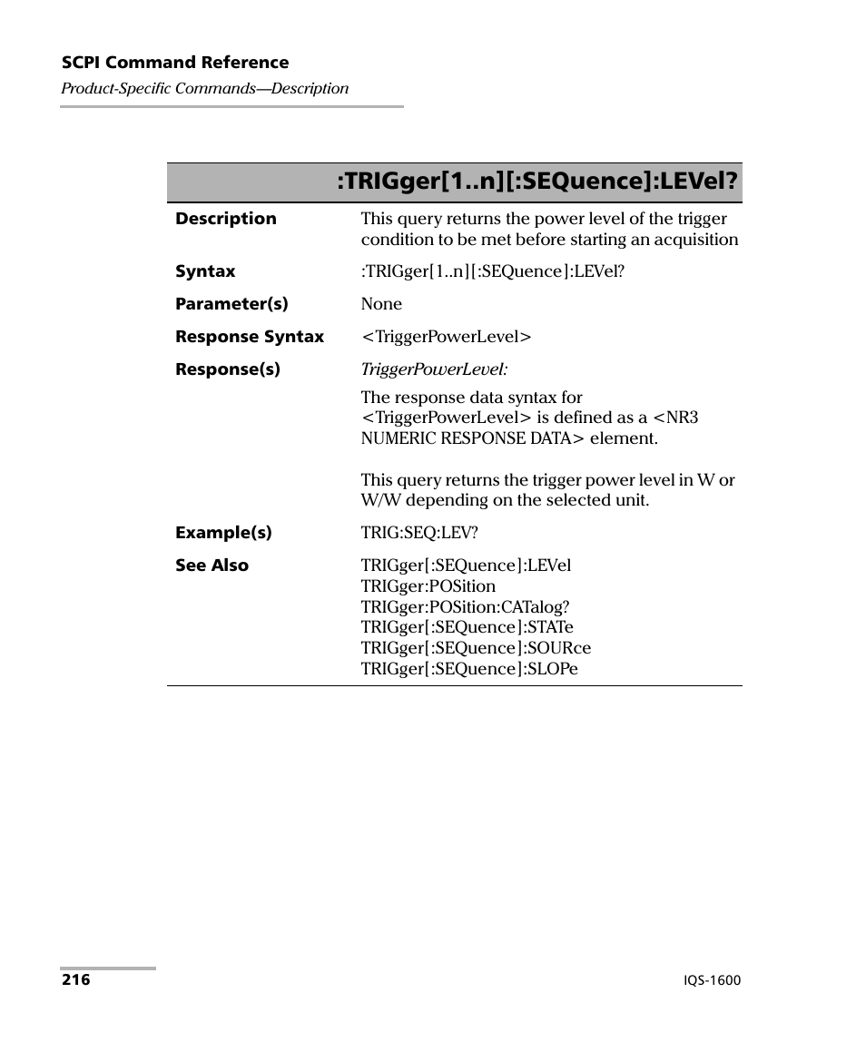 Trigger[1..n][:sequence]:level | EXFO IQS-1600 High-Speed Power Meter for IQS-500/600 User Manual | Page 224 / 238