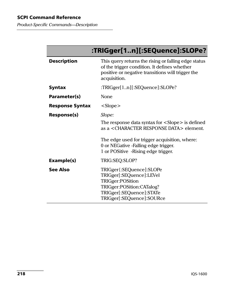 Trigger[1..n][:sequence]:slope | EXFO IQS-1600 High-Speed Power Meter for IQS-500/600 User Manual | Page 226 / 238