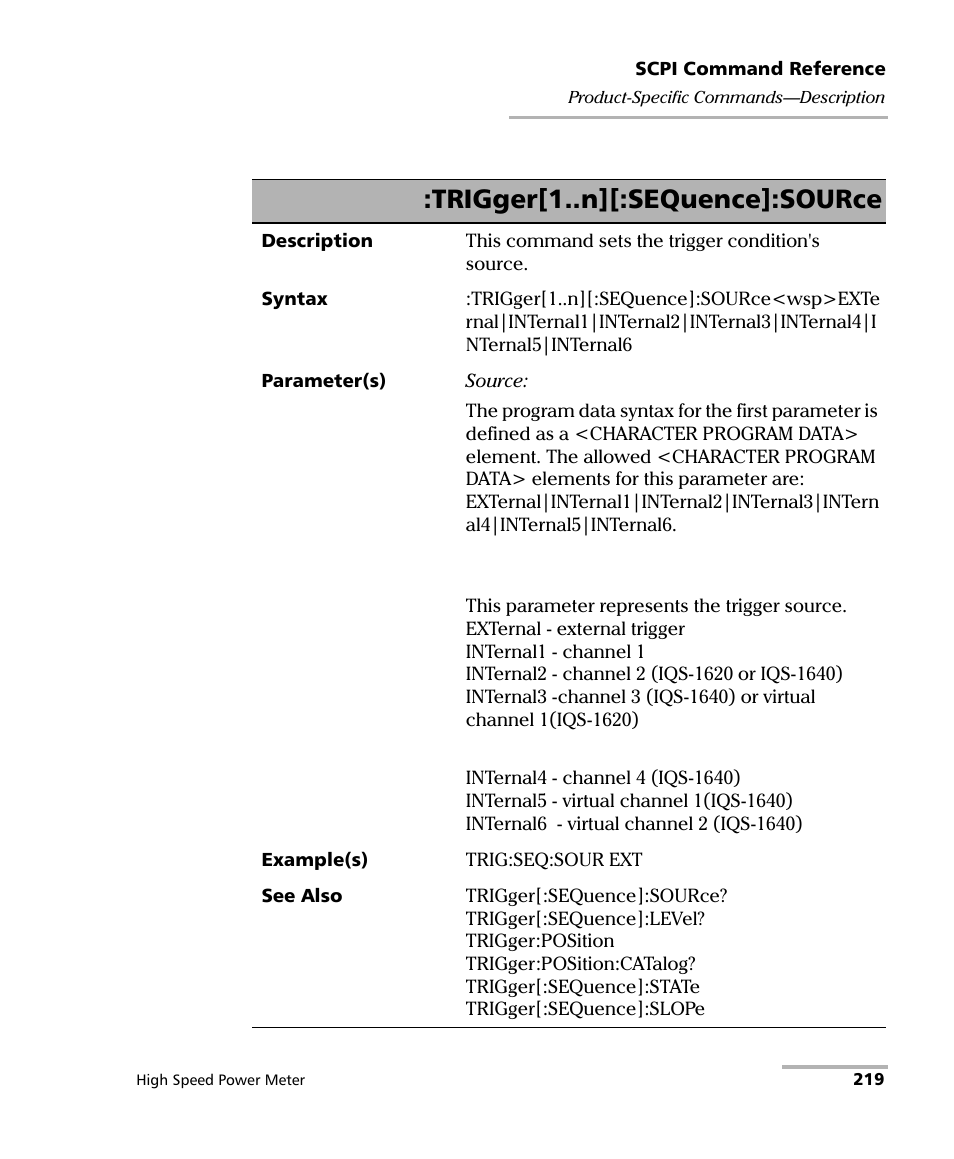 Trigger[1..n][:sequence]:source | EXFO IQS-1600 High-Speed Power Meter for IQS-500/600 User Manual | Page 227 / 238