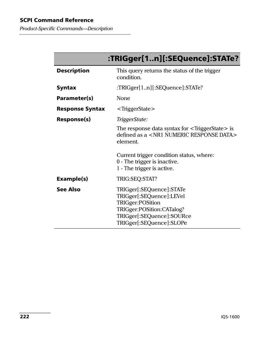Trigger[1..n][:sequence]:state | EXFO IQS-1600 High-Speed Power Meter for IQS-500/600 User Manual | Page 230 / 238