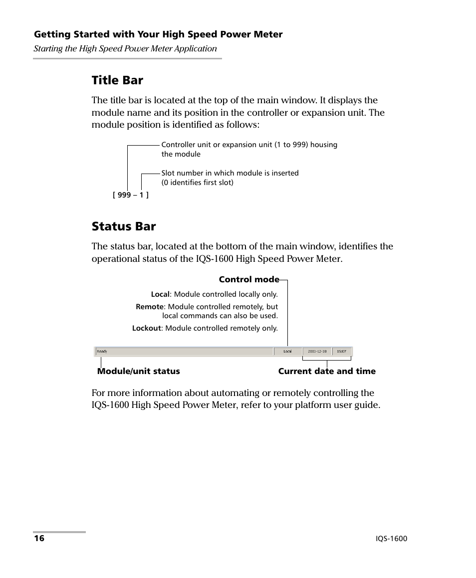 Title bar, Status bar | EXFO IQS-1600 High-Speed Power Meter for IQS-500/600 User Manual | Page 24 / 238