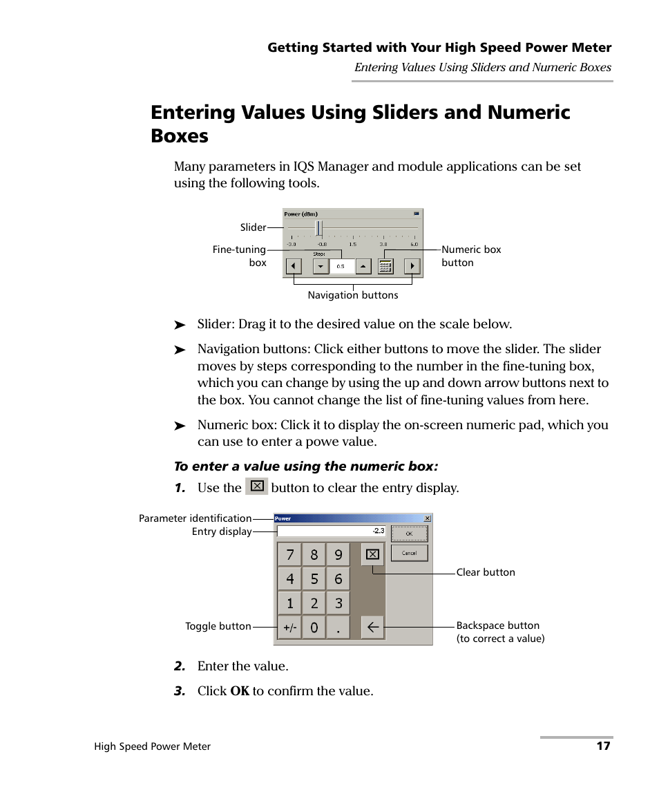 Entering values using sliders and numeric boxes | EXFO IQS-1600 High-Speed Power Meter for IQS-500/600 User Manual | Page 25 / 238