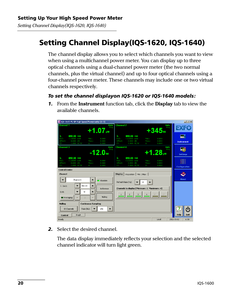 Setting channel display(iqs-1620, iqs-1640) | EXFO IQS-1600 High-Speed Power Meter for IQS-500/600 User Manual | Page 28 / 238