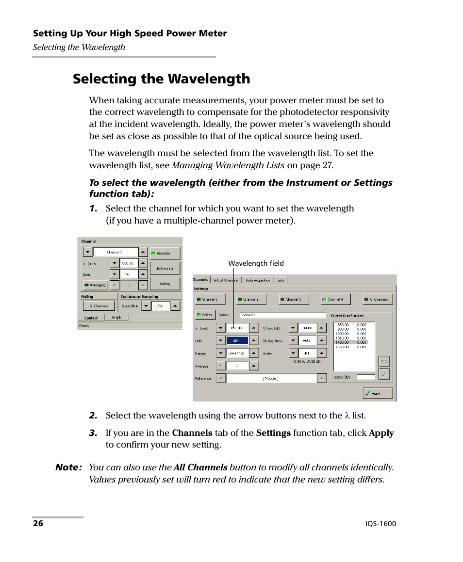 Selecting the wavelength | EXFO IQS-1600 High-Speed Power Meter for IQS-500/600 User Manual | Page 34 / 238