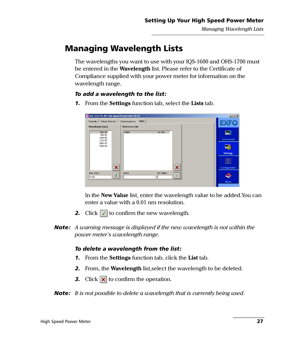 Managing wavelength lists | EXFO IQS-1600 High-Speed Power Meter for IQS-500/600 User Manual | Page 35 / 238