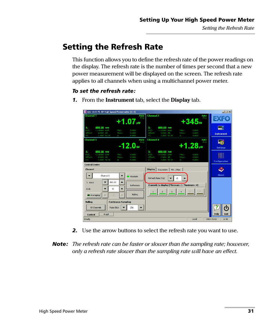 Setting the refresh rate | EXFO IQS-1600 High-Speed Power Meter for IQS-500/600 User Manual | Page 39 / 238