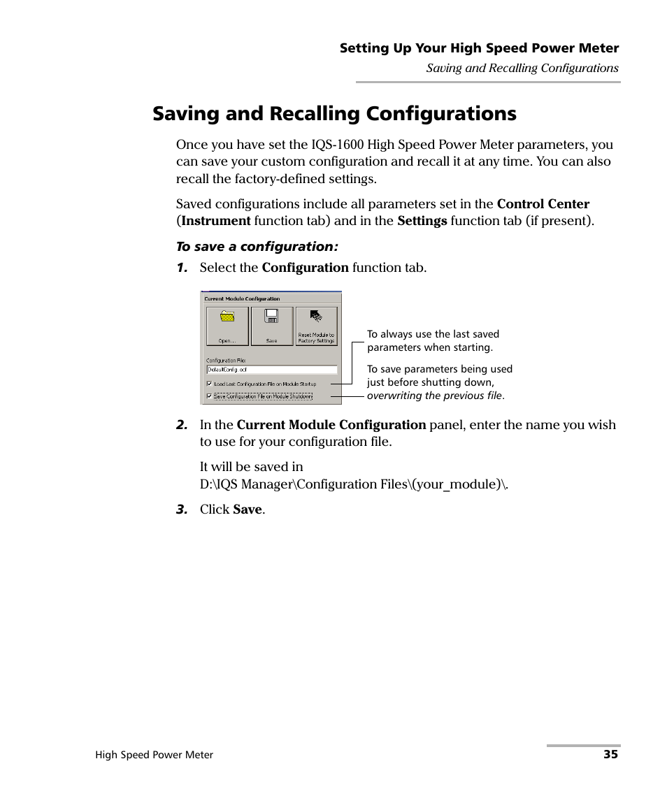 Saving and recalling configurations | EXFO IQS-1600 High-Speed Power Meter for IQS-500/600 User Manual | Page 43 / 238