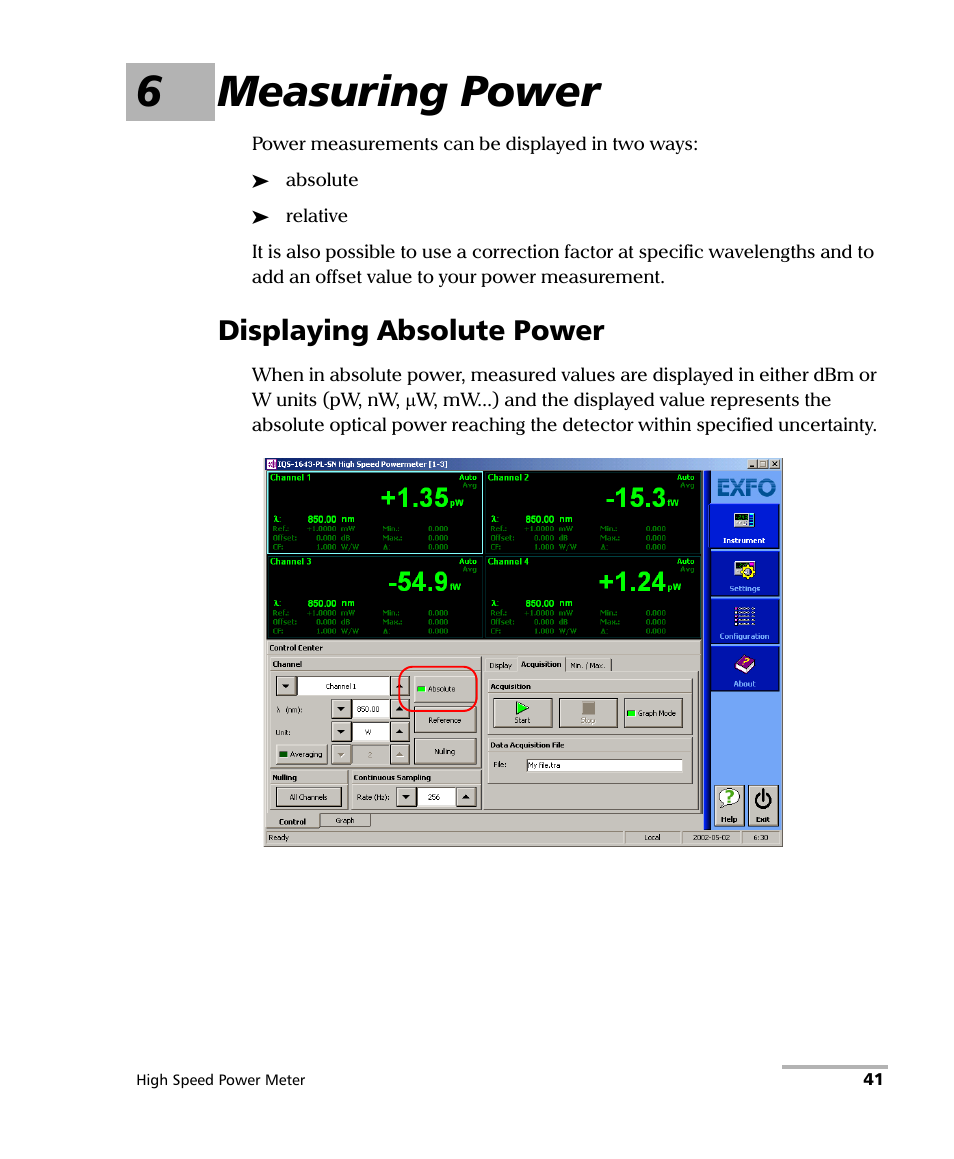 6 measuring power, Displaying absolute power, 6measuring power | EXFO IQS-1600 High-Speed Power Meter for IQS-500/600 User Manual | Page 49 / 238