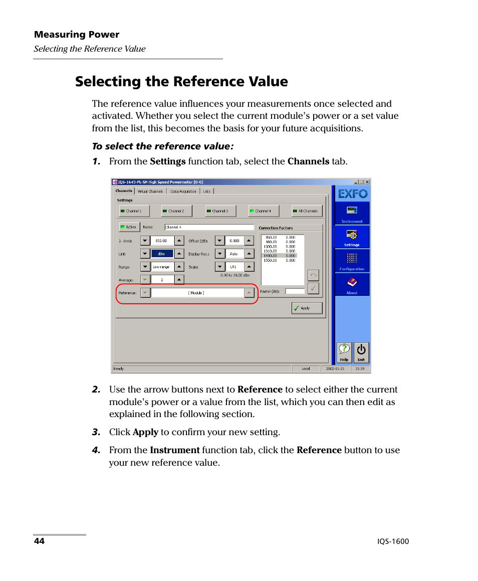 Selecting the reference value | EXFO IQS-1600 High-Speed Power Meter for IQS-500/600 User Manual | Page 52 / 238
