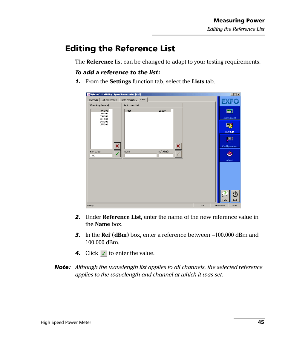 Editing the reference list | EXFO IQS-1600 High-Speed Power Meter for IQS-500/600 User Manual | Page 53 / 238