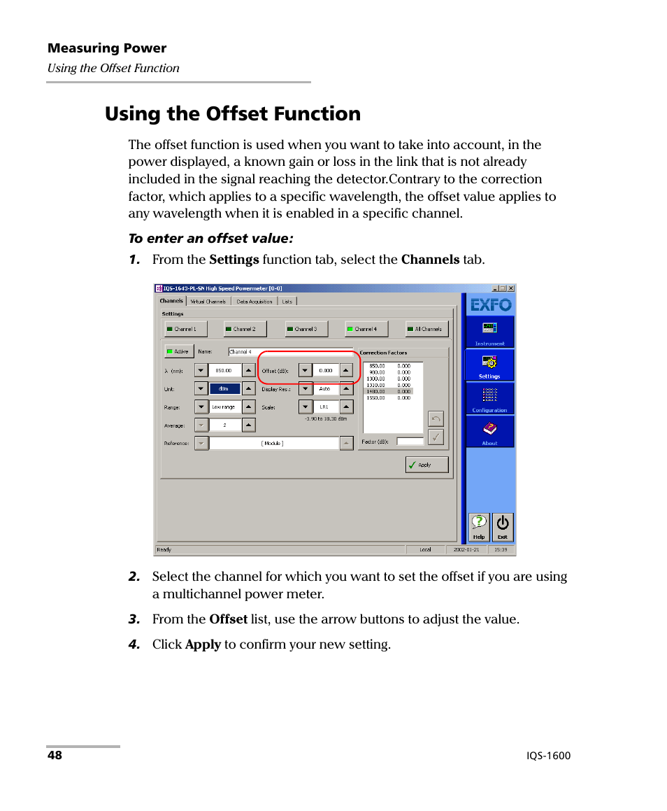 Using the offset function | EXFO IQS-1600 High-Speed Power Meter for IQS-500/600 User Manual | Page 56 / 238