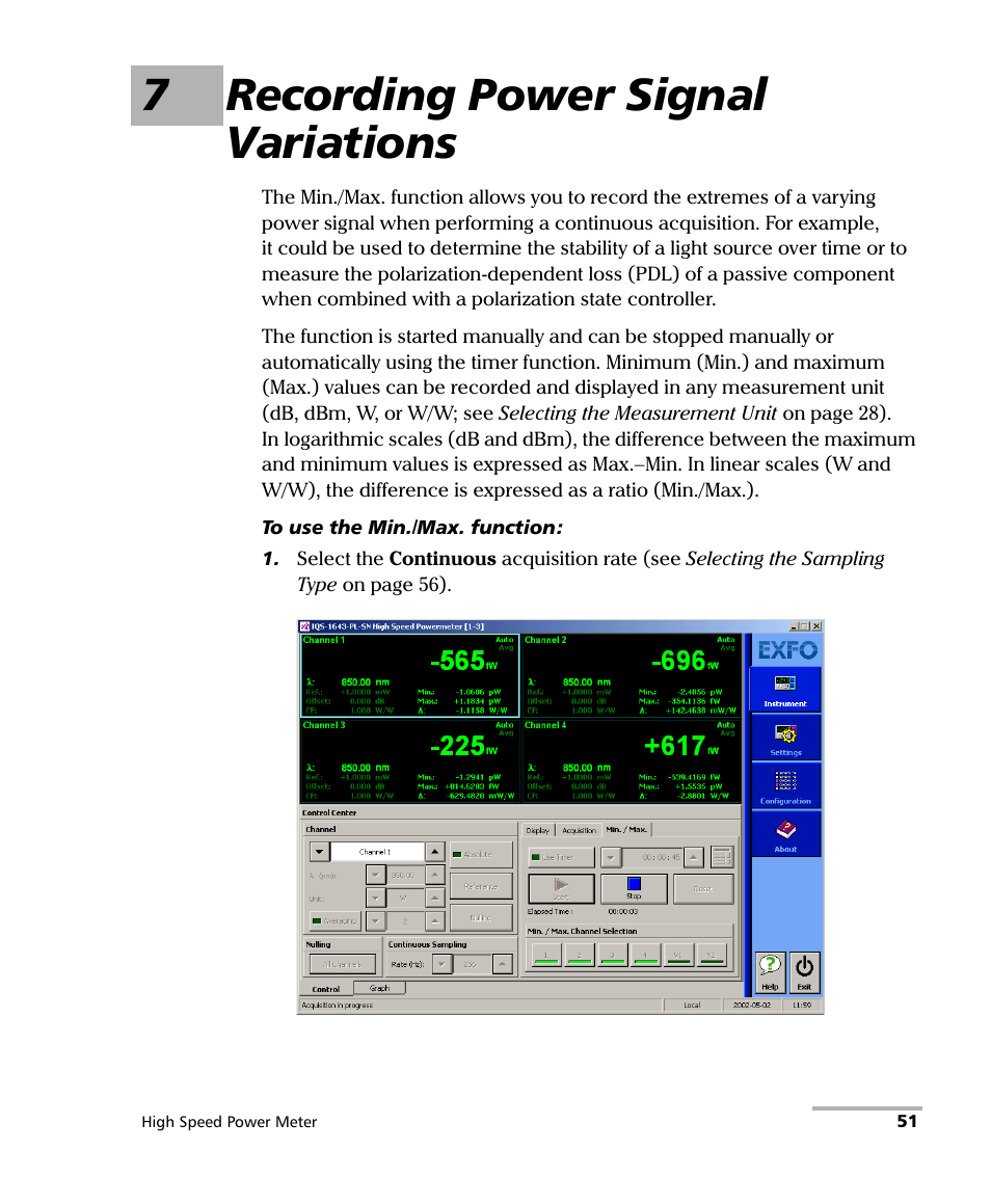 7 recording power signal variations, 7recording power signal variations | EXFO IQS-1600 High-Speed Power Meter for IQS-500/600 User Manual | Page 59 / 238