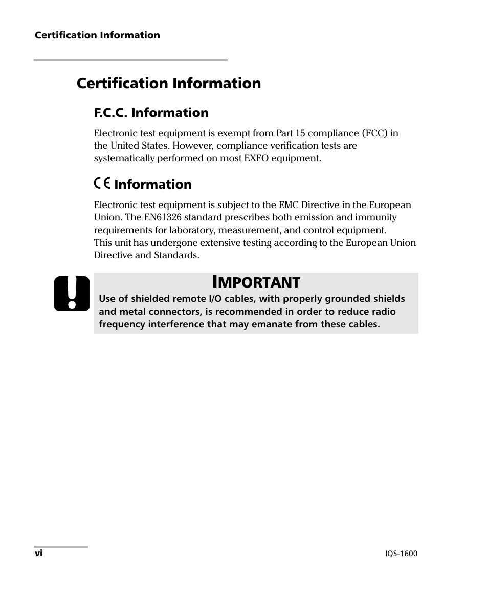 Certification information, Mportant | EXFO IQS-1600 High-Speed Power Meter for IQS-500/600 User Manual | Page 6 / 238