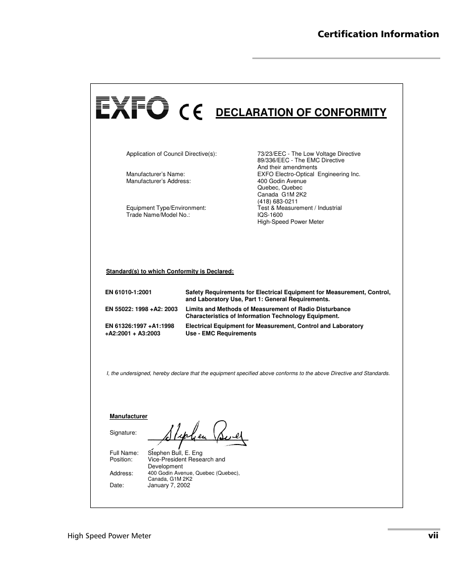 Declaration of conformity, Certification information, High speed power meter | EXFO IQS-1600 High-Speed Power Meter for IQS-500/600 User Manual | Page 7 / 238
