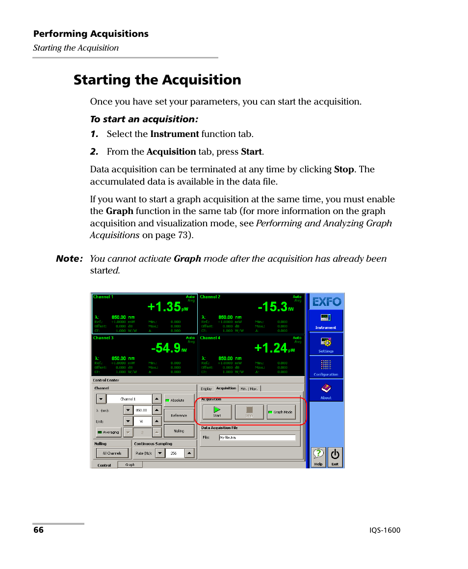 Starting the acquisition | EXFO IQS-1600 High-Speed Power Meter for IQS-500/600 User Manual | Page 74 / 238