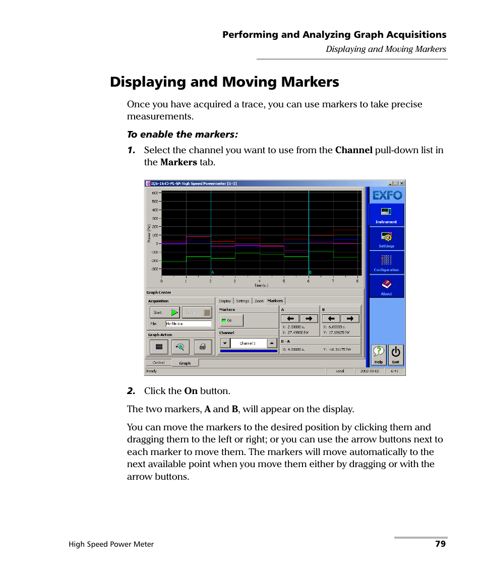 Displaying and moving markers | EXFO IQS-1600 High-Speed Power Meter for IQS-500/600 User Manual | Page 87 / 238